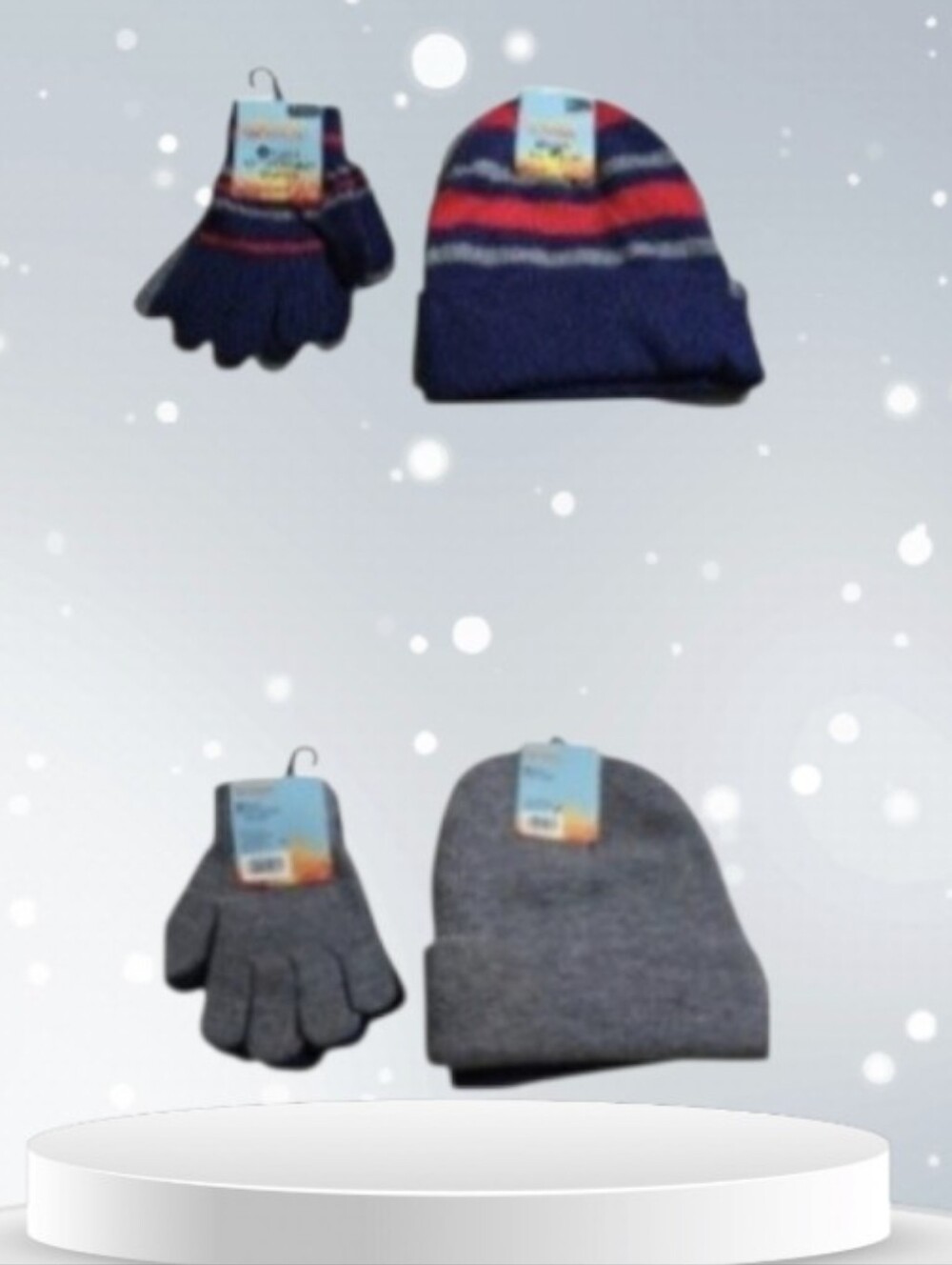 #HL02 Kids Winter Beanie and Gloves Set - Gray / Navy 2 Pairs